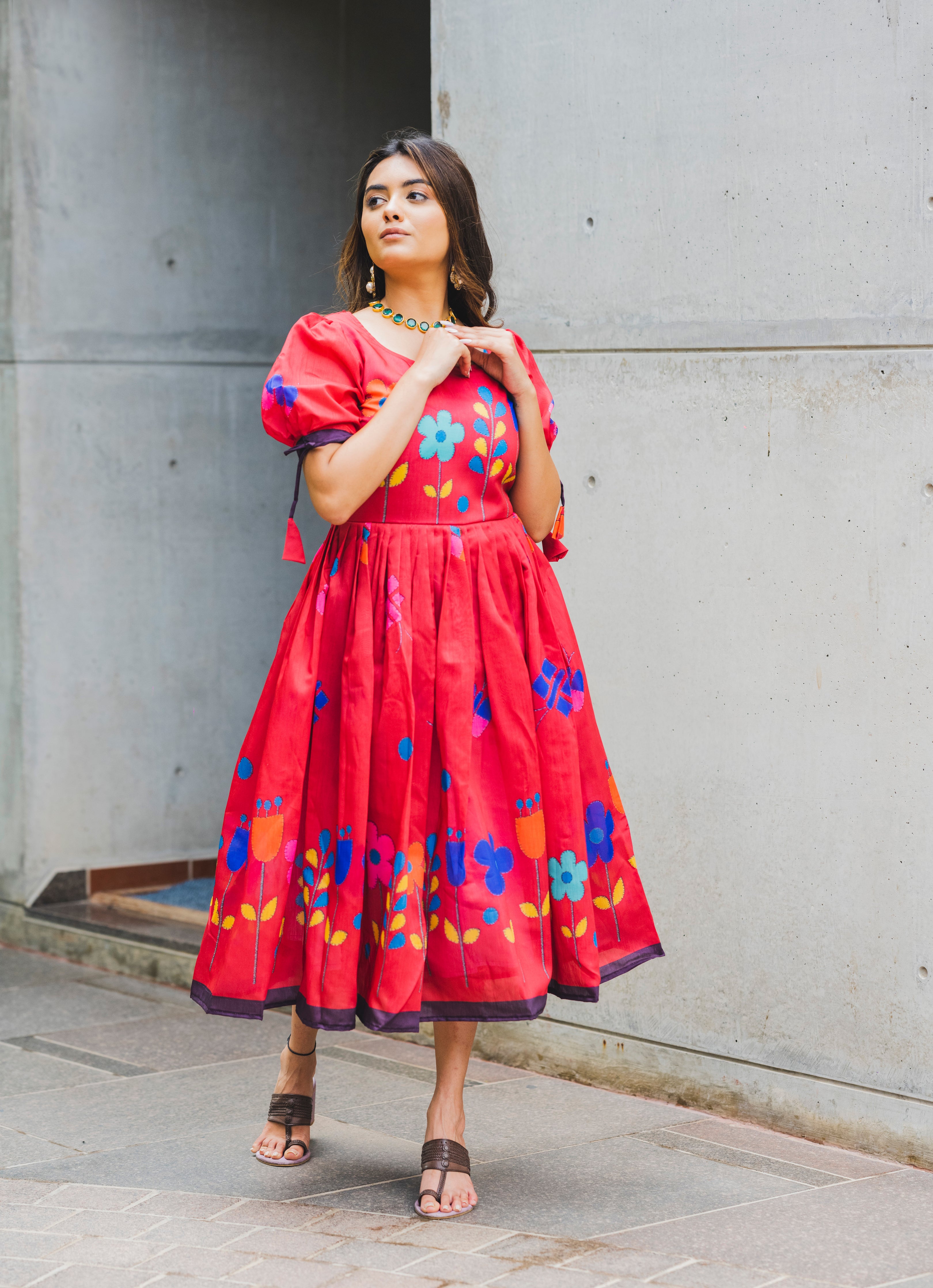 knee length dresses for ladies Buy Multicolor Patchwork Midi Dress for Women by Taro India main image 0