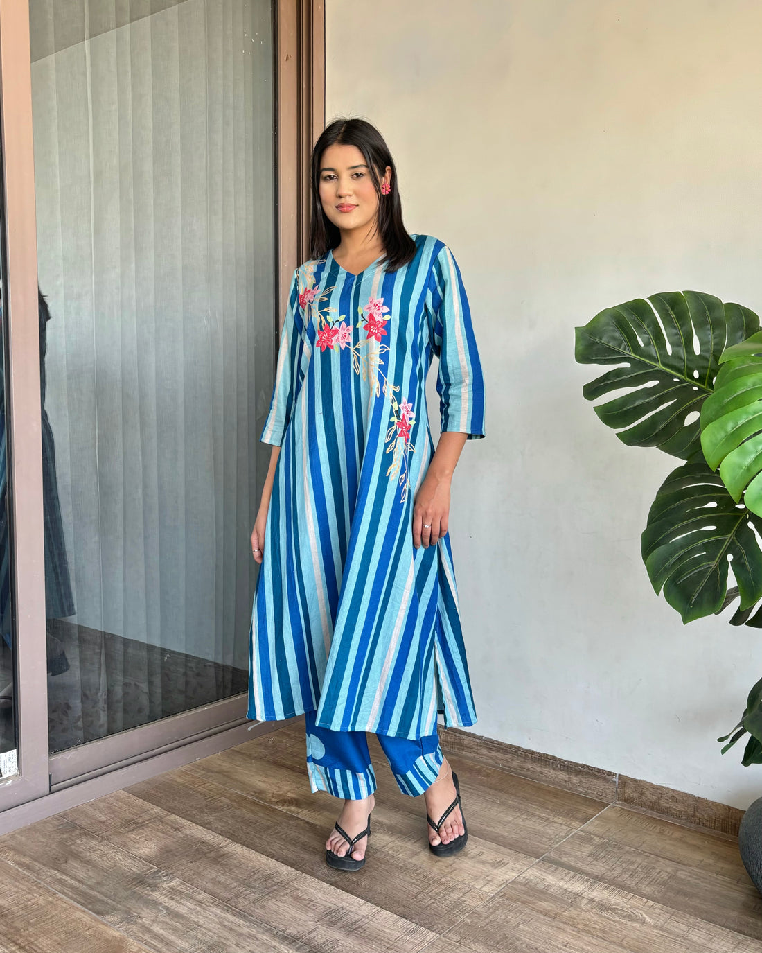 Blue Floral Stripes Cord set