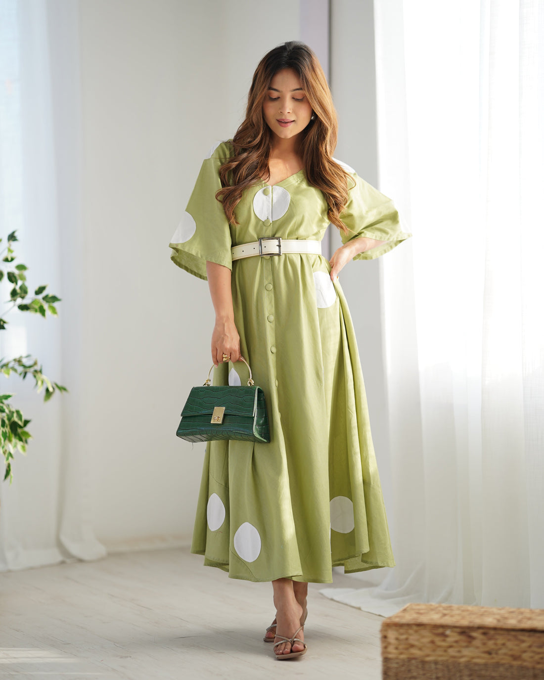 Olive Green Polka Dot Midi Dress