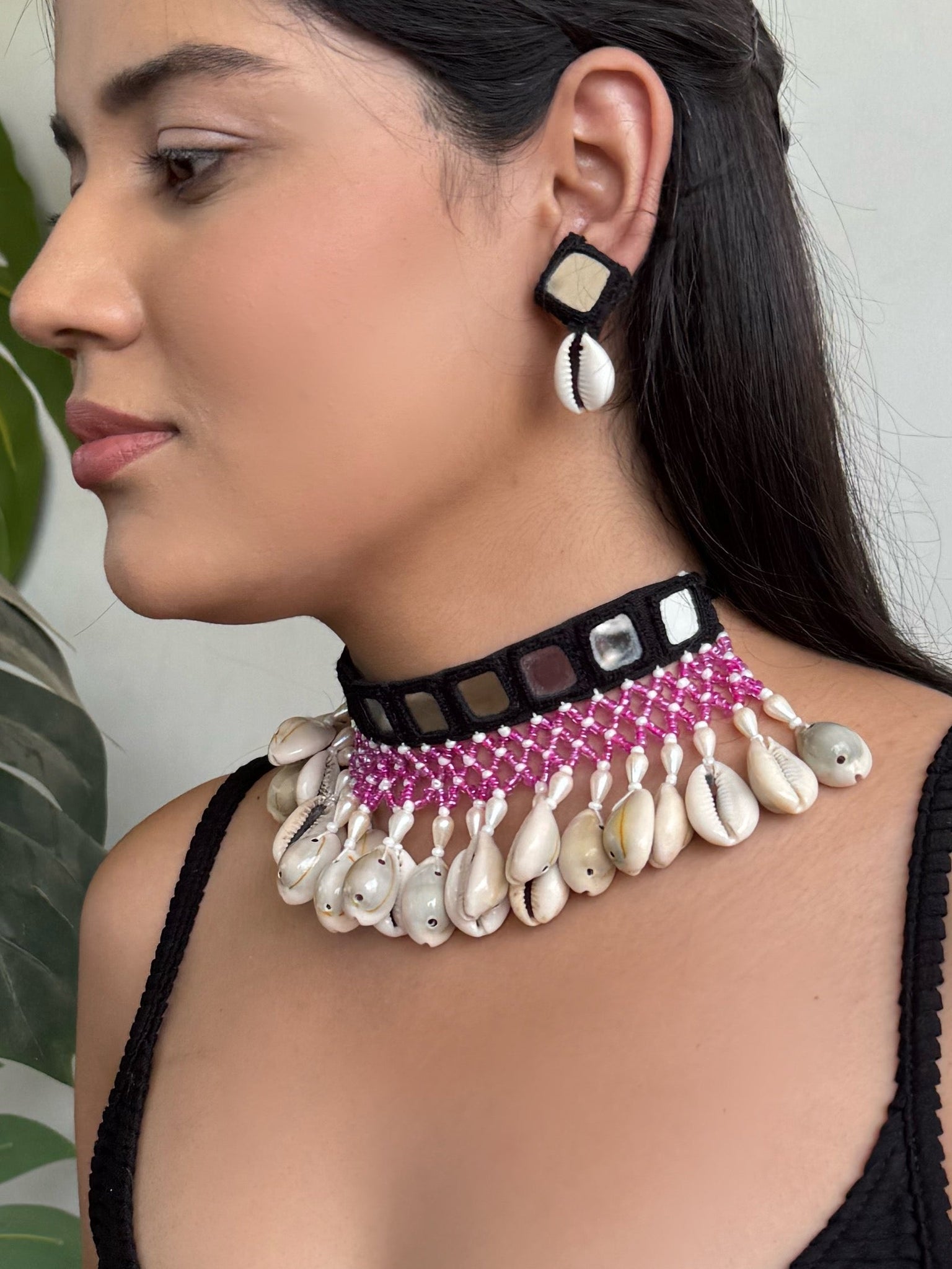 Thangan Mirrorwork Fabric Choker + Earring Set | Necklace set