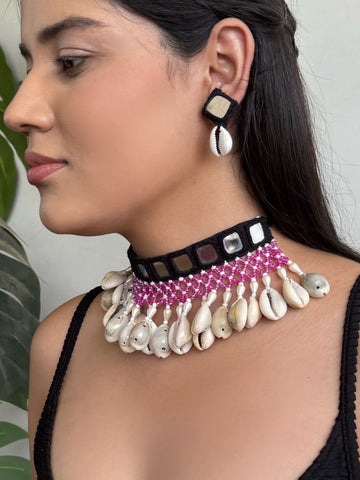Thangan Mirrorwork Fabric Choker + Earring Set | Necklace set