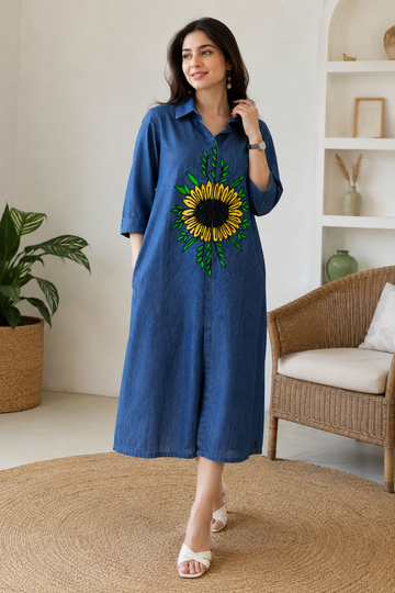 Sunflower Embroidery Denim Midi Dress
