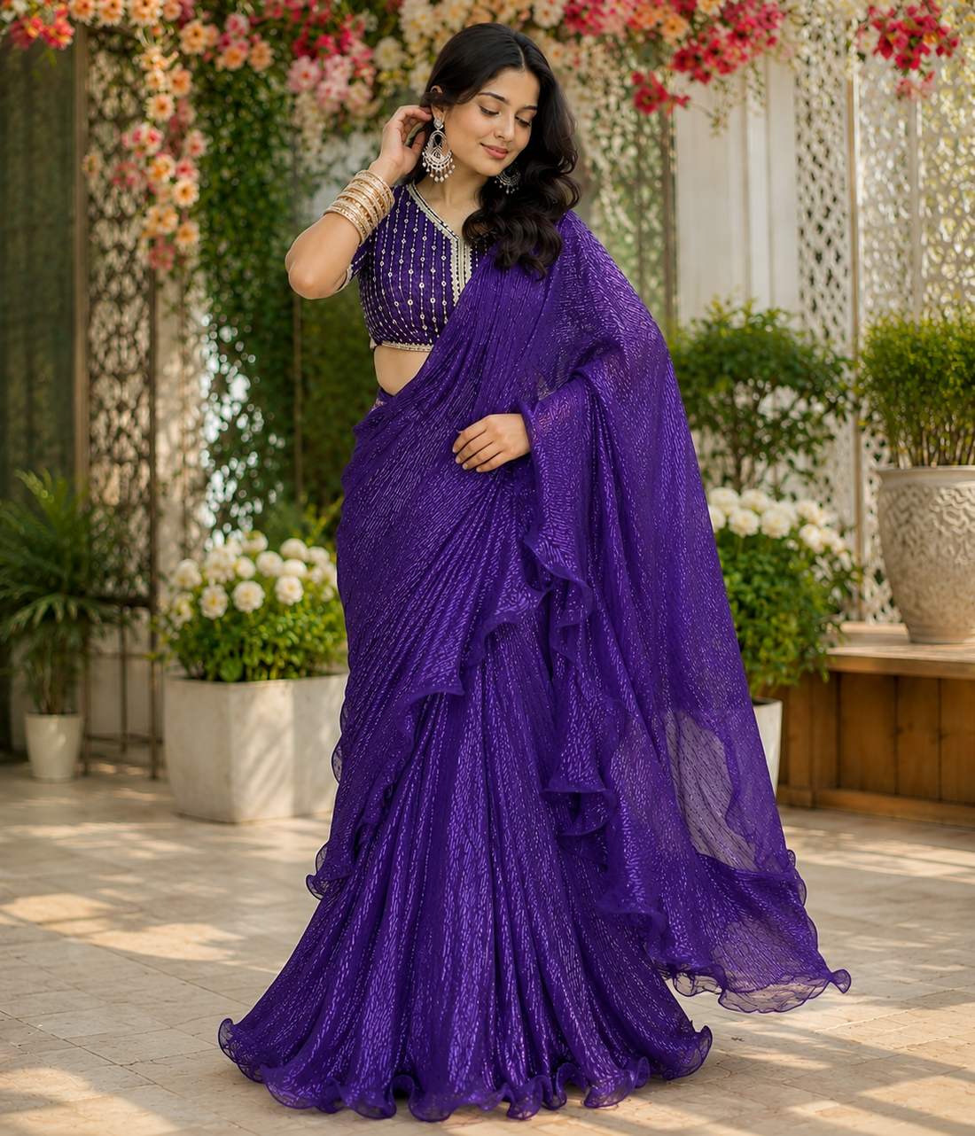 Wine Ruffle Saree with Fully stitched Blouse