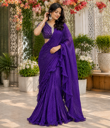 Wine Ruffle Saree with Fully stitched Blouse