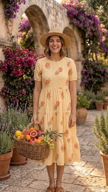 Yellow Striped Cotton Digital Print Tiered Midi Dress