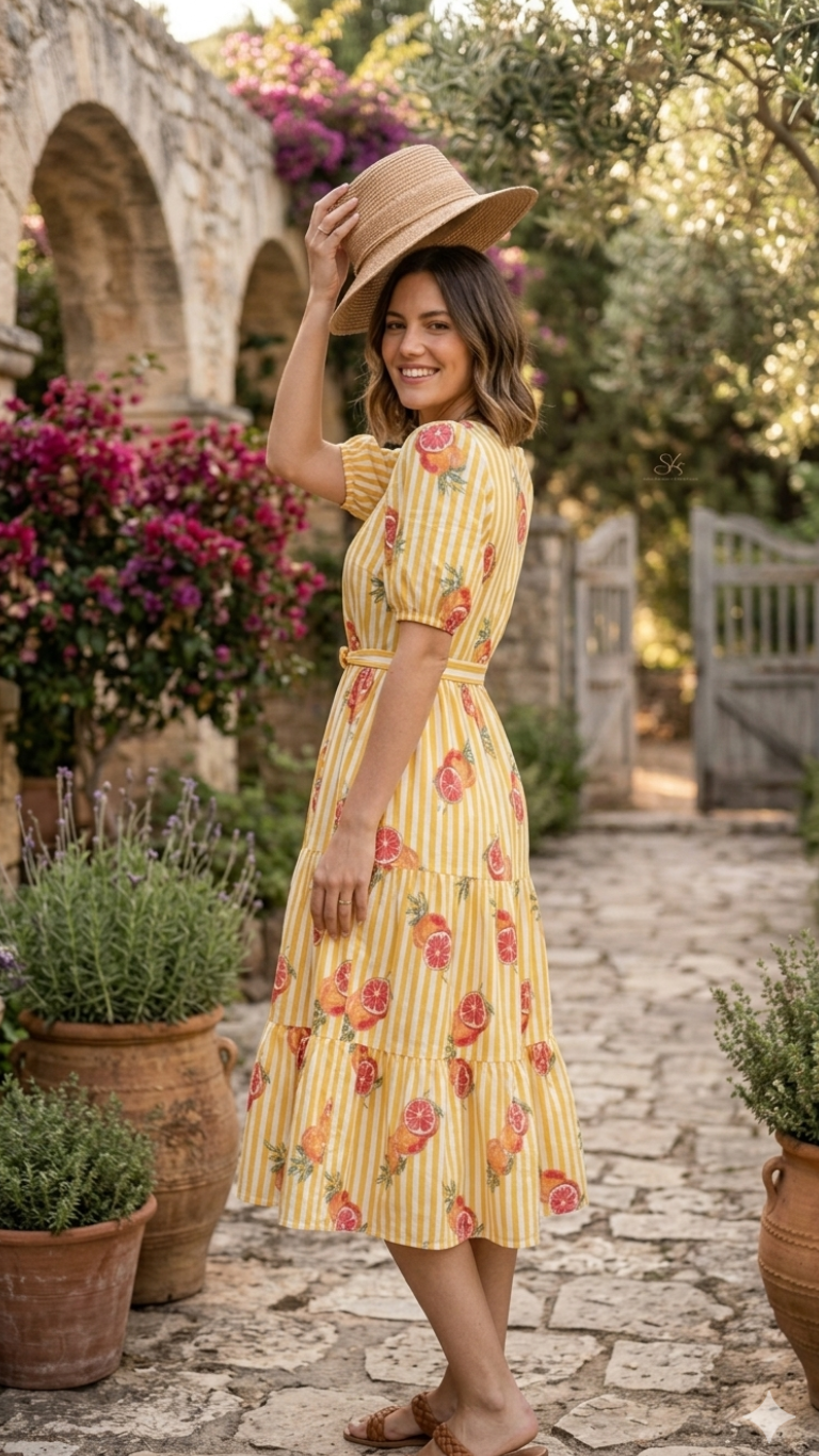 Yellow Striped Cotton Digital Print Tiered Midi Dress