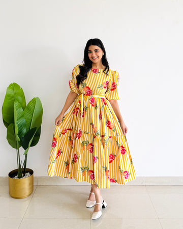 Yellow Striped Cotton Digital Print Tiered Midi Dress
