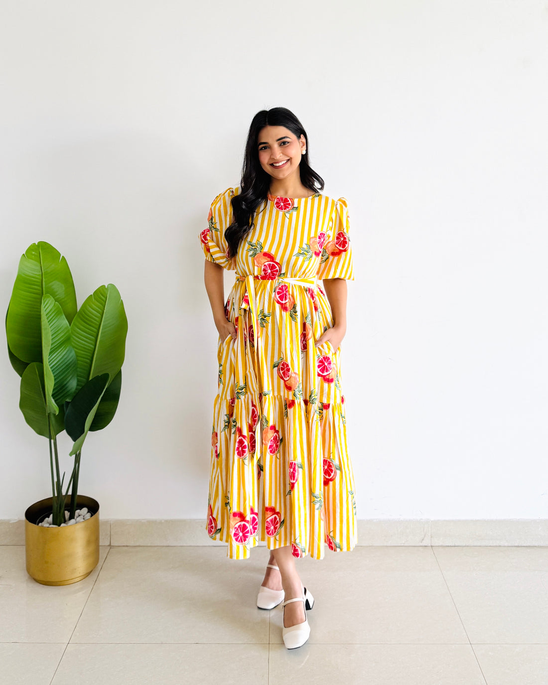 Yellow Striped Cotton Digital Print Tiered Midi Dress