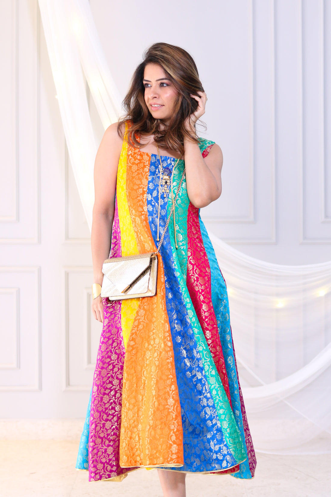 Brocade Multi colour Midi Dress
