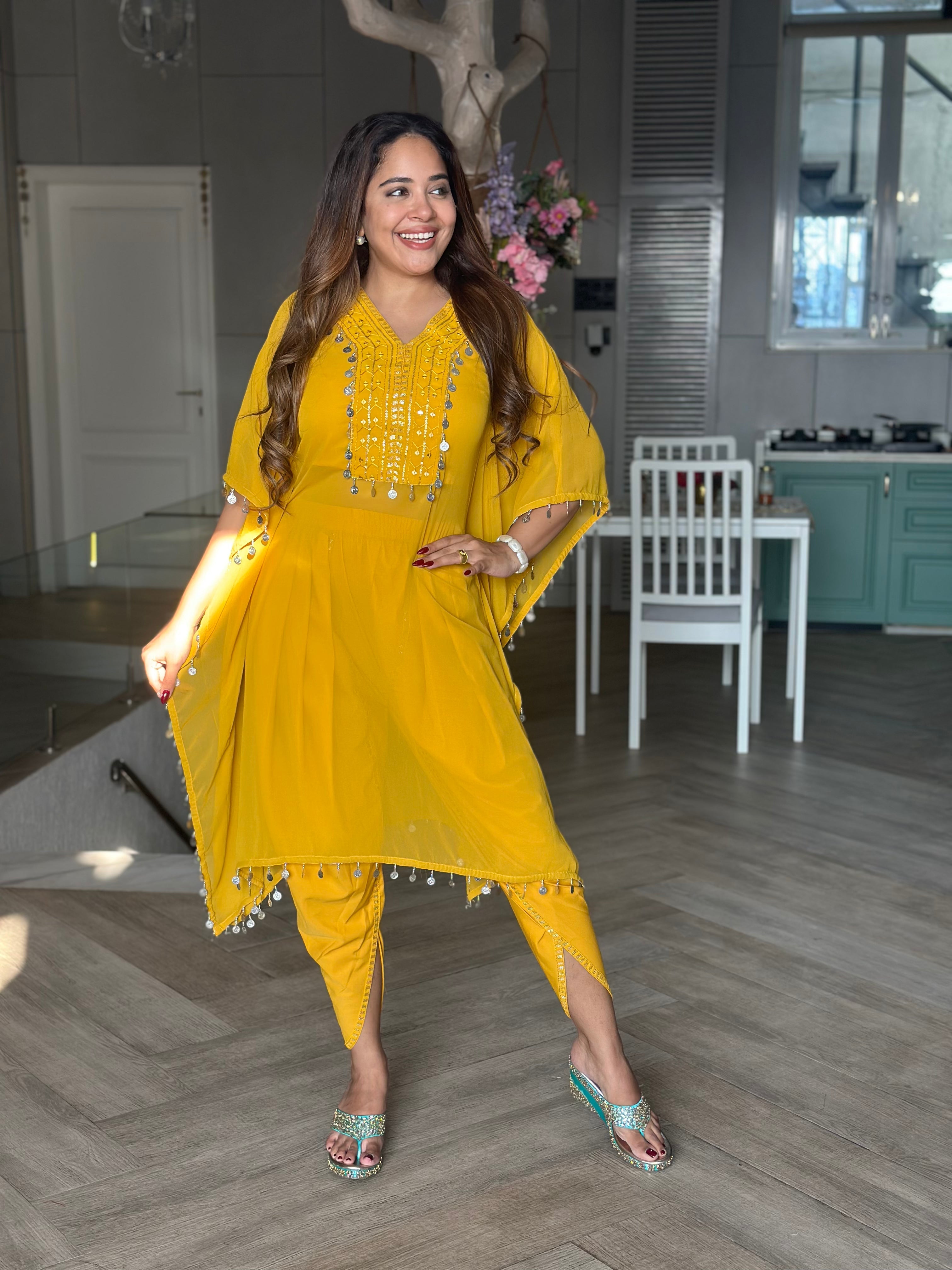 Fashion Floor India Yellow Boho Kaftan Cotton Dress