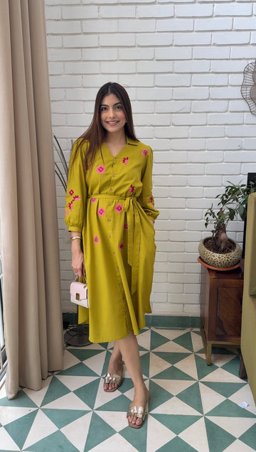 Mustard Bloom Embroidery Midi Dress