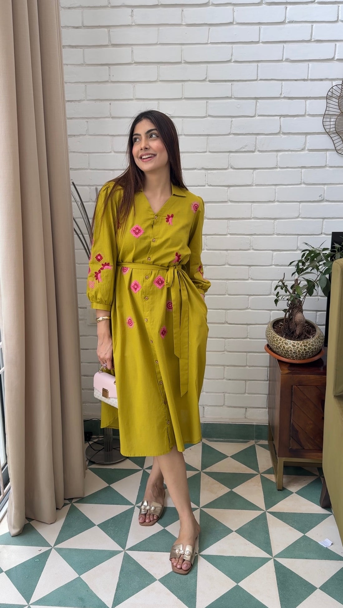 Mustard Bloom Embroidery Midi Dress