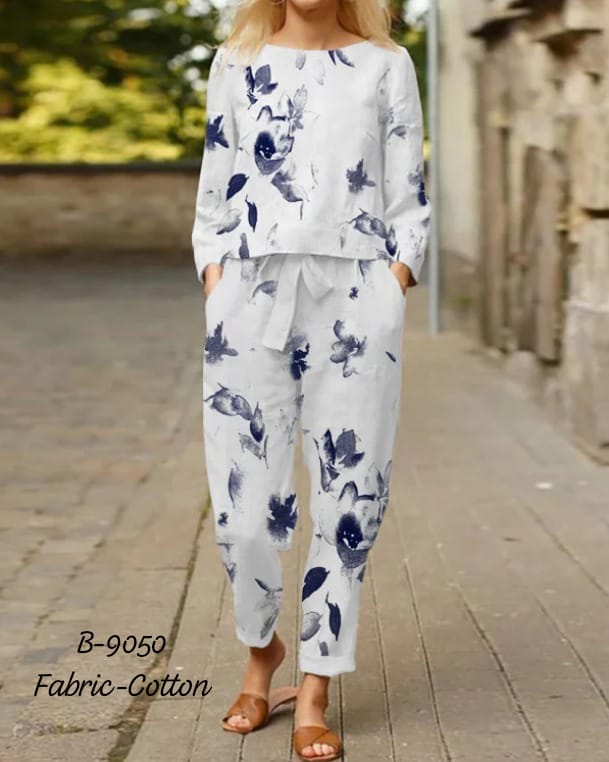 Cotton Printed Floral Crop Top & Trousers Co-Ords Set