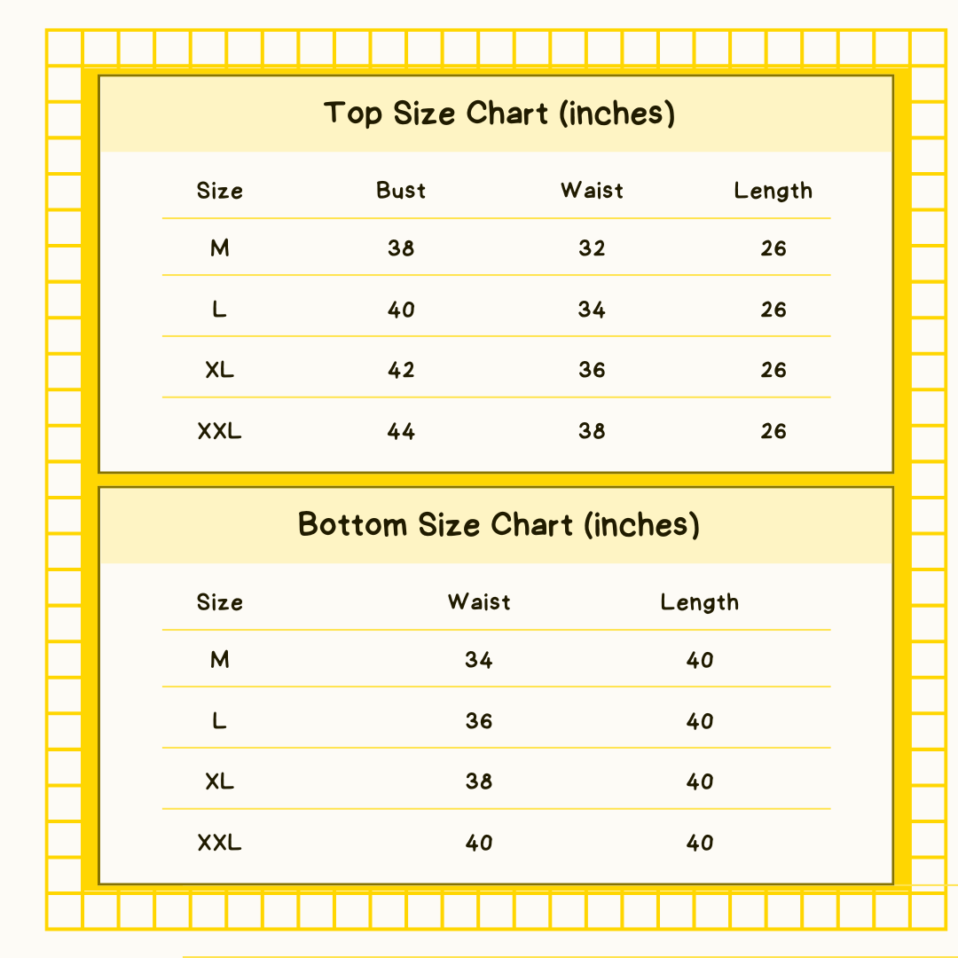 Size chart for tops and bottoms with measurements in inches on a yellow background.
