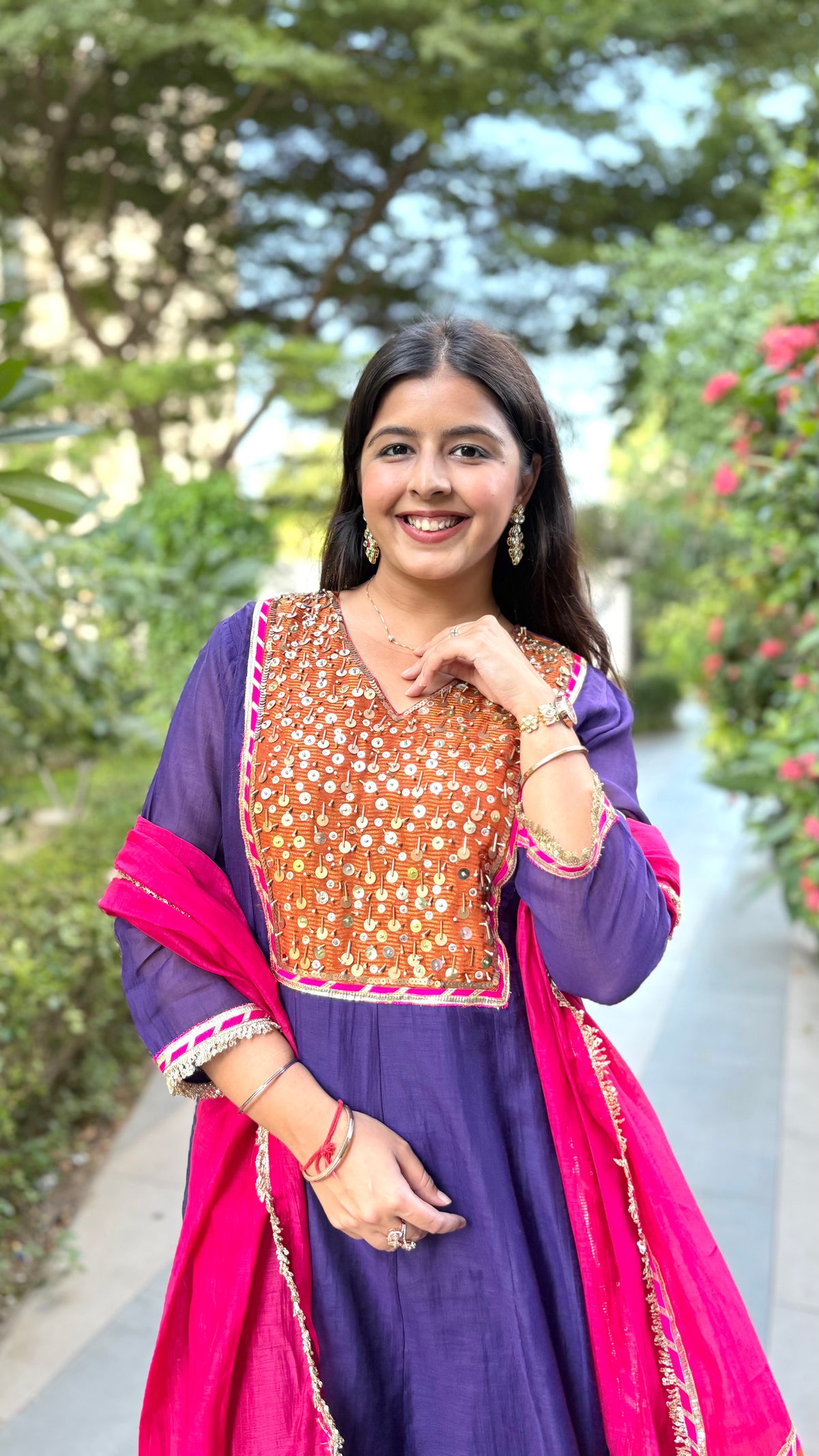 Blue Chanderi Kurta Set with pant and dupatta - view 3