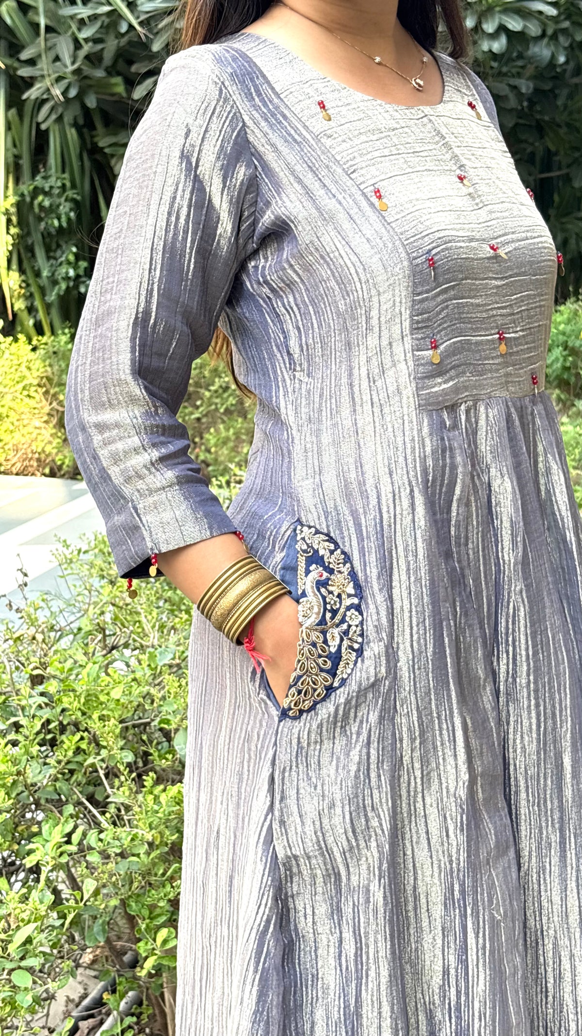 Grey shine crush tissue kurti pant set with dupatta - view 3