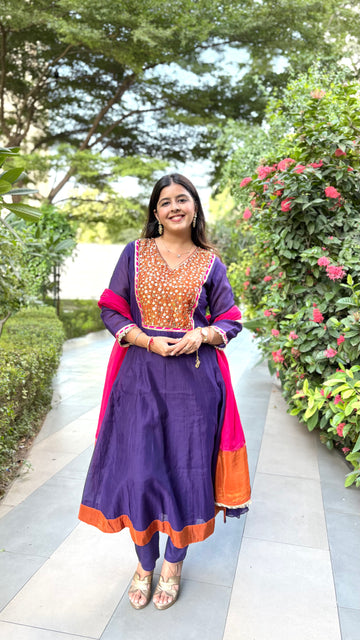 Blue Chanderi Kurta Set with pant and dupatta - view 1