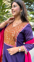 Blue Chanderi Kurta Set with pant and dupatta - view 4