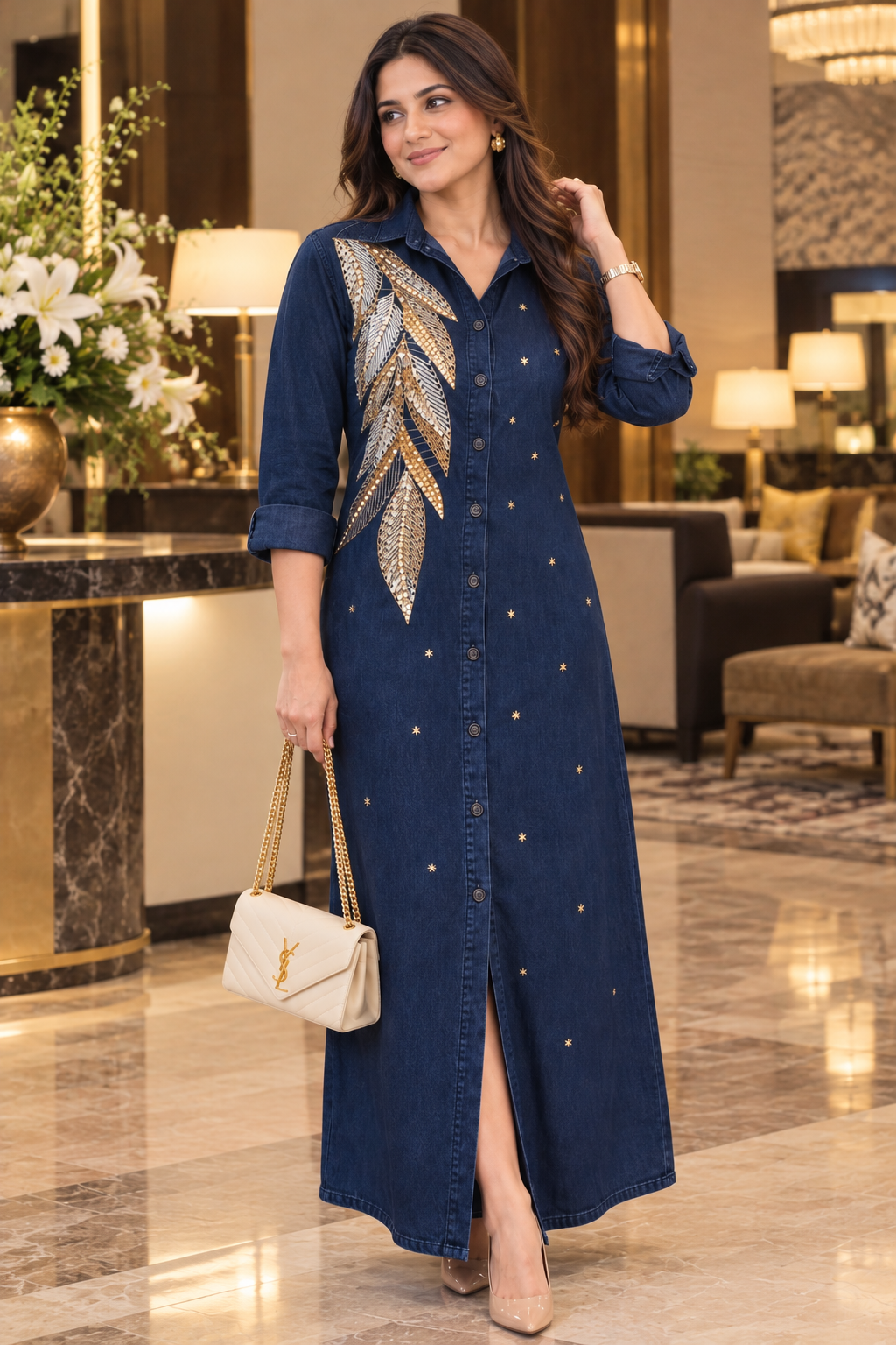 Leafy Denim Midi Dress 3193 Light Blue and Dark Blue