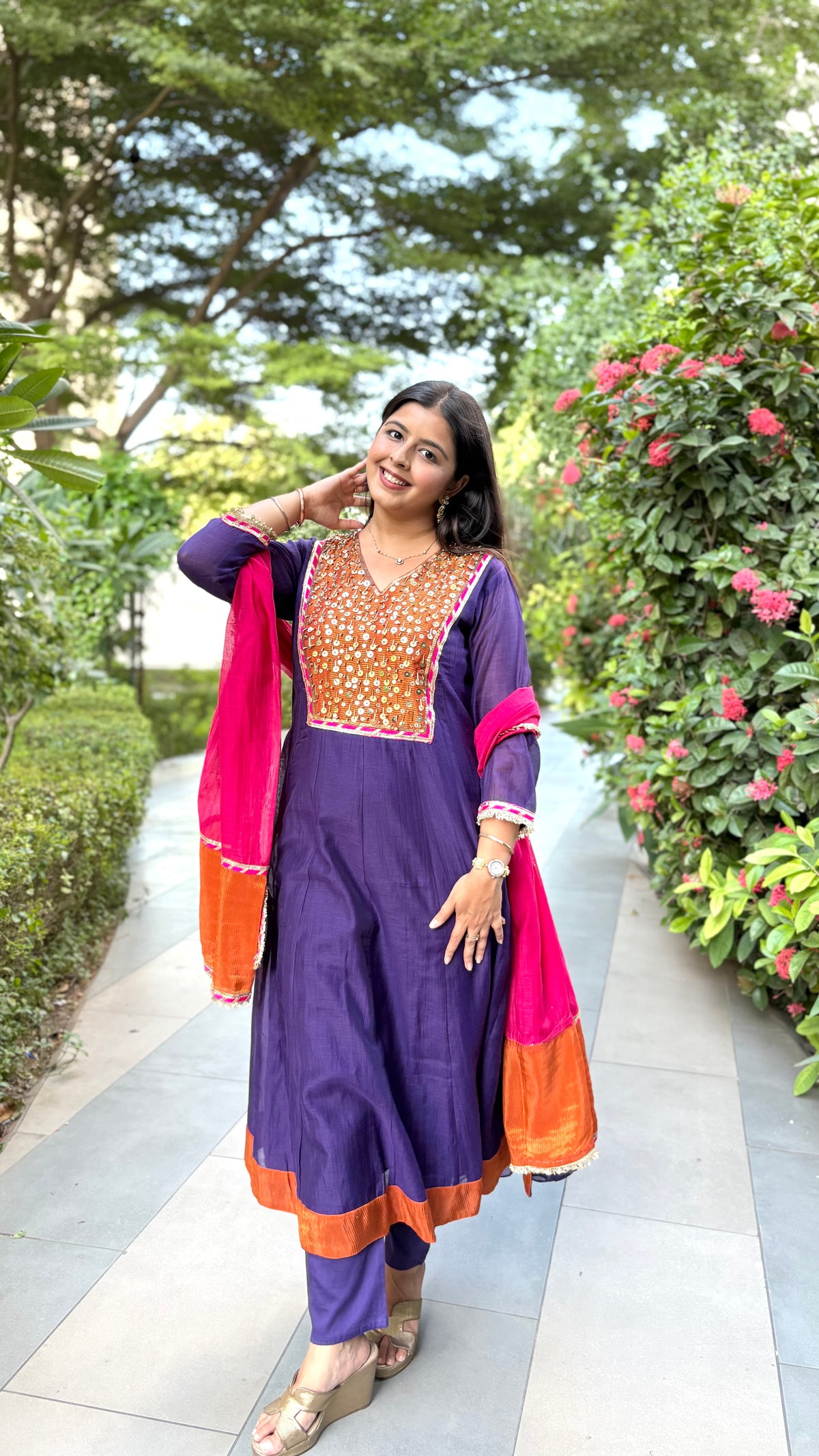 Blue Chanderi Kurta Set with pant and dupatta - view 2