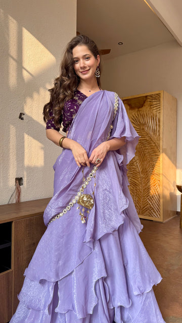 Lavender Luxe Draped Saree with Fully stitched Blouse
