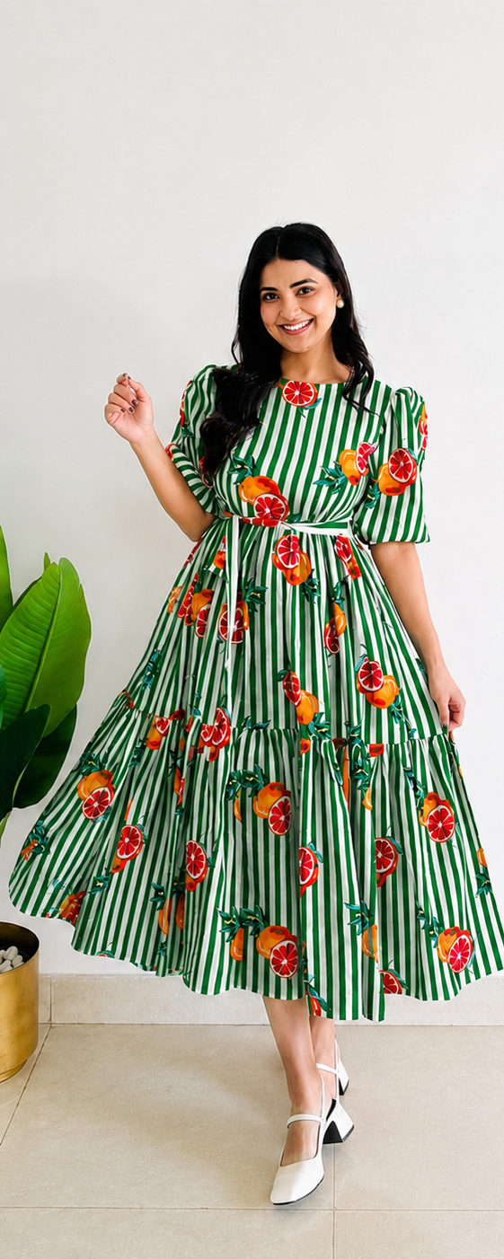 Yellow Striped Cotton Digital Print Tiered Midi Dress