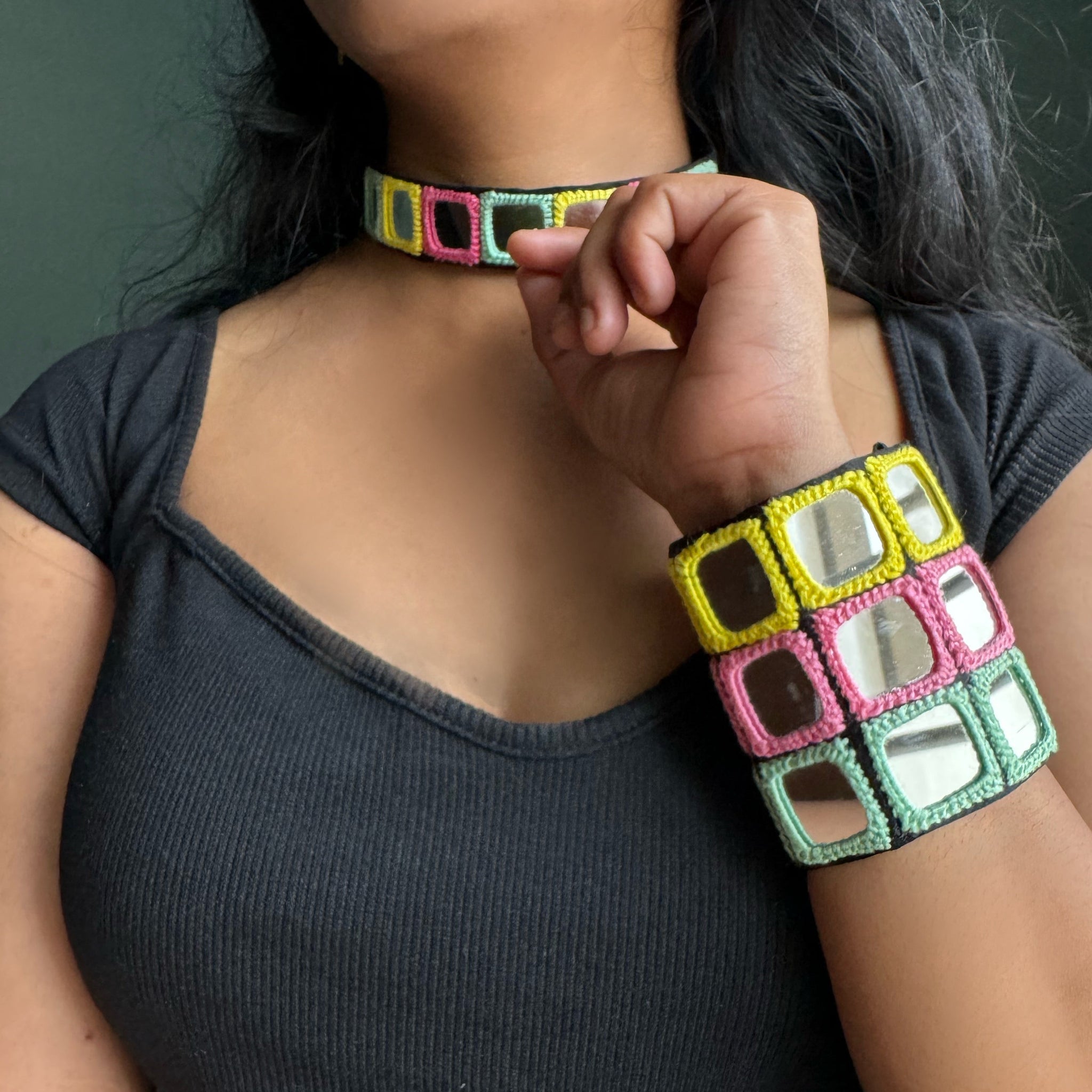 Manasvi Mirrorwork Necklace + Earrings + Bracelet | Combo set