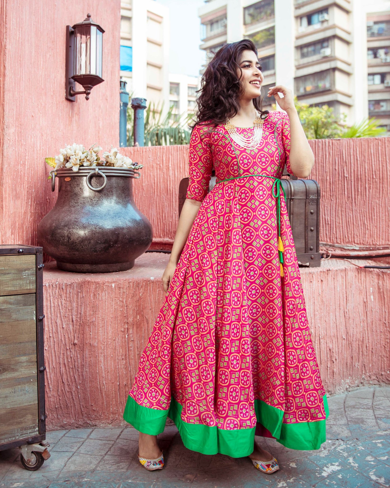 Buy Cobalt Blue Anarkali Dress In Silk With Multi Color Patola Print Online  - Kalki Fashion